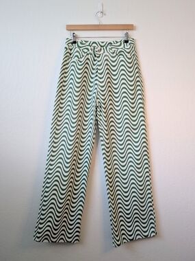 Altar'd State Lightweight Denim Relaxed Pants in Green & Ivory Print Size Medium